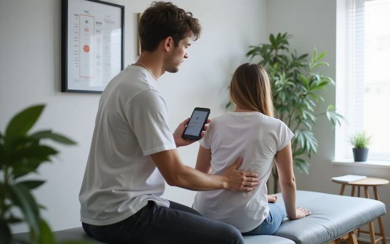 A person holding their lower back while assessing whether to seek emergency care or a clinic visit