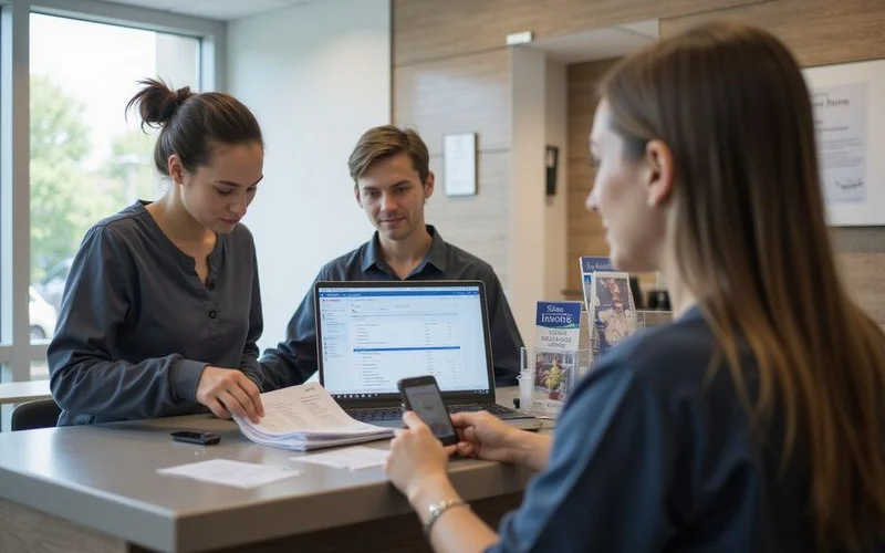 A patient reviewing an insurance policy document alongside a chiropractic clinic receipt at a desk