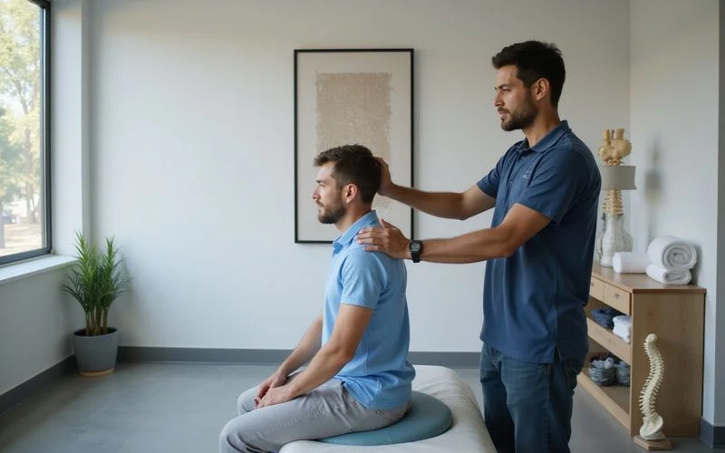 A chiropractor gently checking a patient's neck range of motion during a consultation in a bright, clean Klang Valley clinic