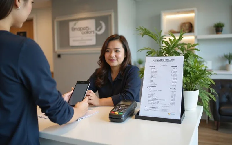 A clinic reception desk in Klang Valley showing a printed price list for chiropractic services next to a payment counter