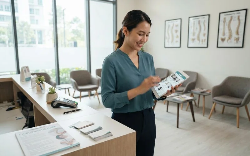 A person comparing several chiropractor clinic listings side by side on a laptop screen at a home desk