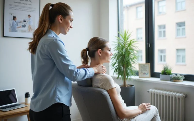 An office worker performing a simple stretch at their desk, guided by posture correction advice from a chiropractic session