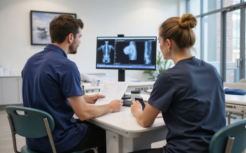 A physiotherapist and a chiropractor reviewing a patient's treatment chart together in a shared clinic space