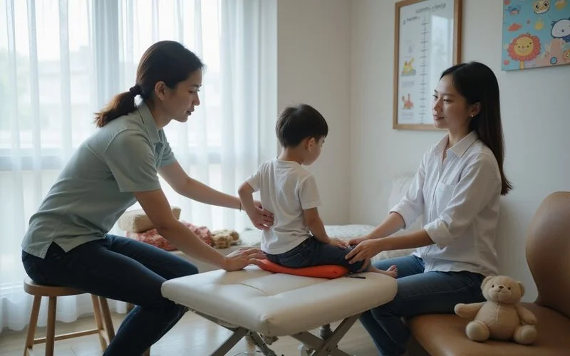 A chiropractor performing a gentle, low-force adjustment technique on a child's back during a pediatric session