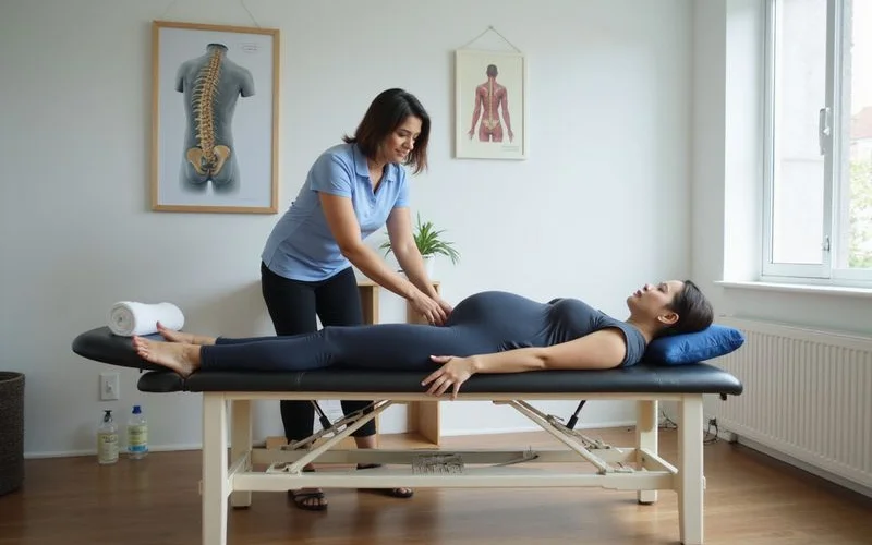 A pregnant patient receiving a chiropractic adjustment on a specialized table with a belly cutout, supported comfortably in a side-lying position