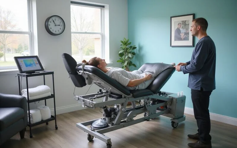 A patient undergoing a spinal decompression session on a specialized treatment table in a Klang Valley clinic